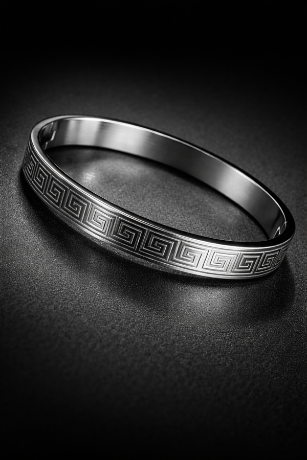 Maze Engraved Silver Kada Bracelet for Men
