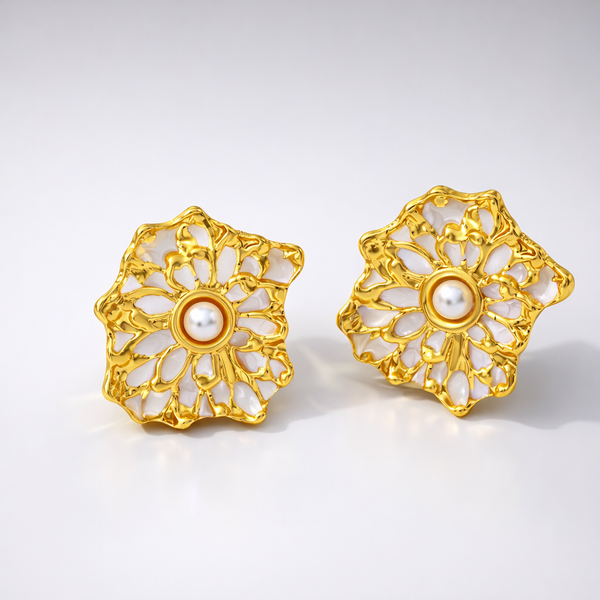 "Gilded Blossom" Abstract Pearl Studs – Hammered Gold & Enamel Floral Statement