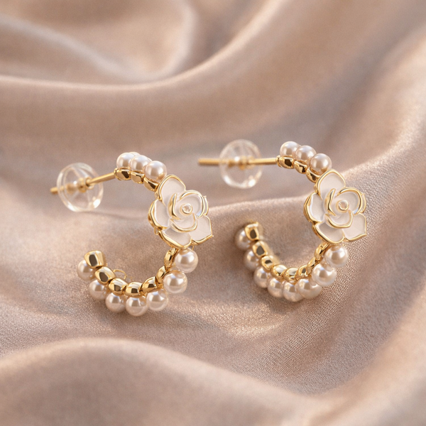 Gold Stainless Steel Floral Pearl Hoops - Non-Tarnish White Flower and Pearl Earrings