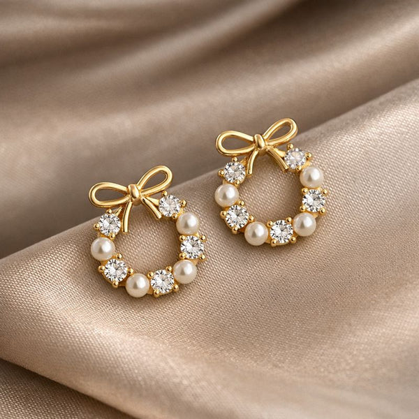 Golden Bow & Pearl Wreath Studs