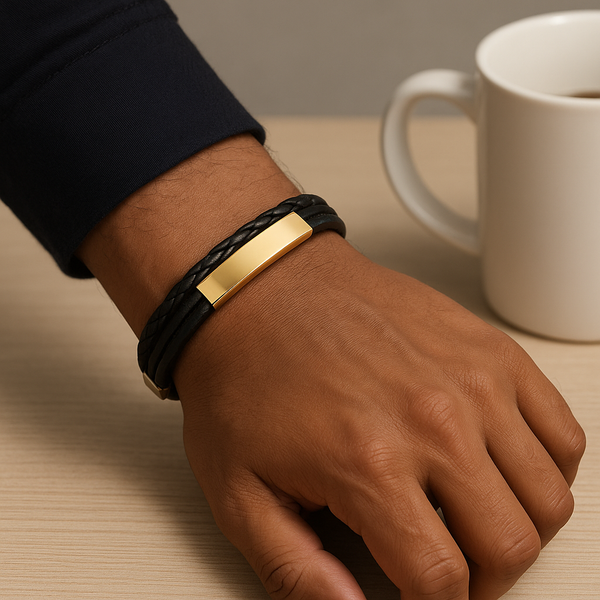 Men's Black Braided Leather Gold Bracelet