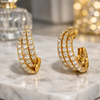 Luxury Three-Row Rhinestone Hoop Earrings for Women | Gold Wedding & Formal Jewelry