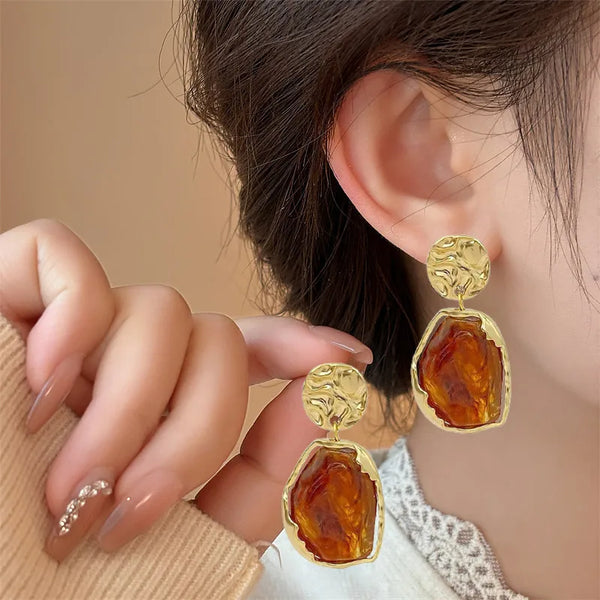 Amber Resin Hammered Drop Earrings