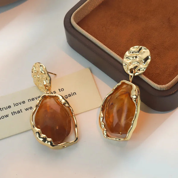 Amber Resin Hammered Drop Earrings