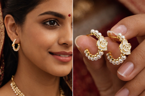 Gold Stainless Steel Floral Pearl Hoops - Non-Tarnish White Flower and Pearl Earrings