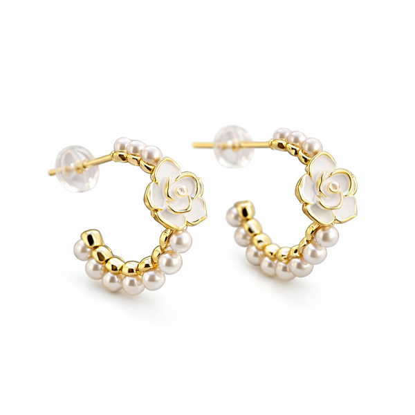 Gold Stainless Steel Floral Pearl Hoops - Non-Tarnish White Flower and Pearl Earrings