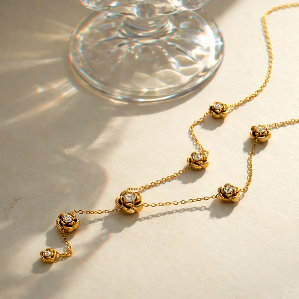 Dainty Gold Floral Station Necklace | Elegant Y-Shaped Rose Jewelry for Women