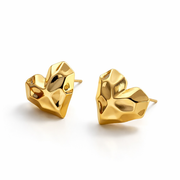 "Crushed Velvet" Gold Heart Studs – Geometric 3D Abstract Statement Earrings
