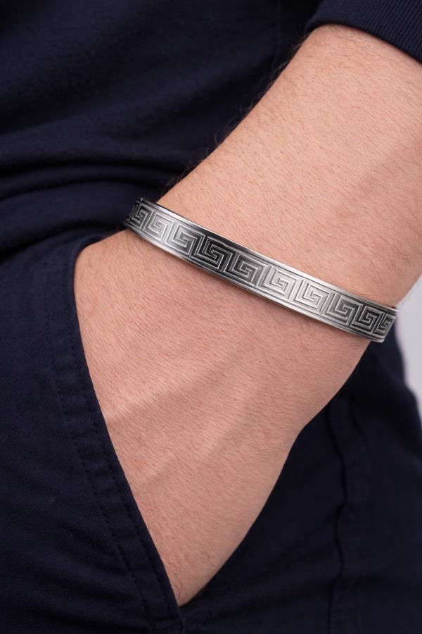 Maze Engraved Silver Kada Bracelet for Men
