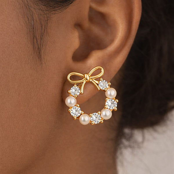 Golden Bow & Pearl Wreath Studs