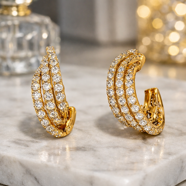 Luxury Three-Row Rhinestone Hoop Earrings for Women | Gold Wedding & Formal Jewelry