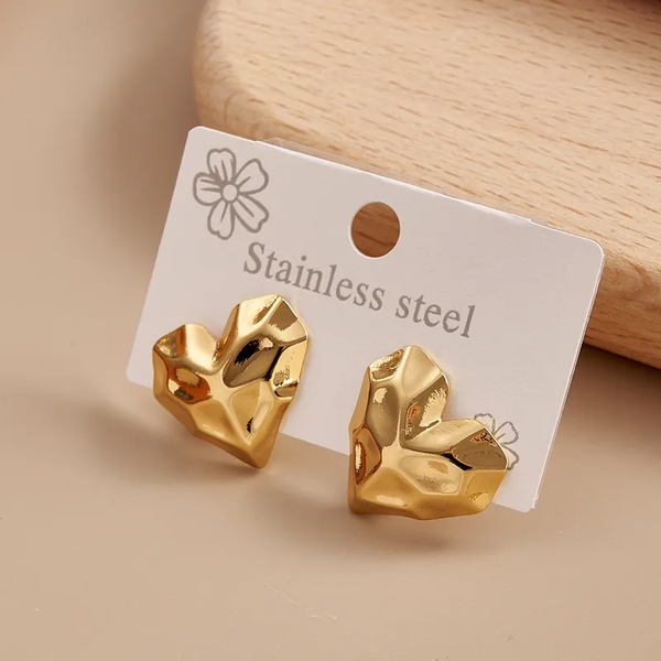 "Crushed Velvet" Gold Heart Studs – Geometric 3D Abstract Statement Earrings