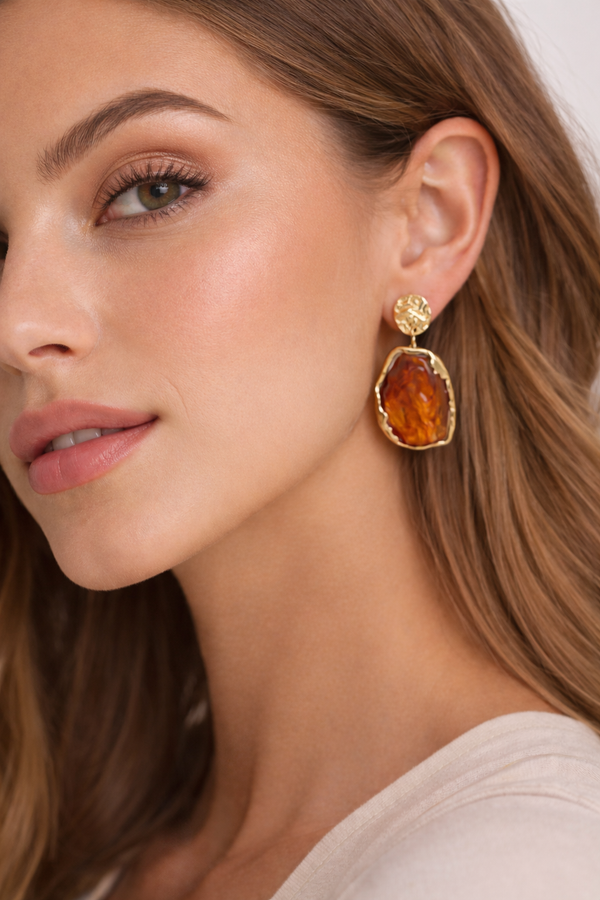 Amber Resin Hammered Drop Earrings