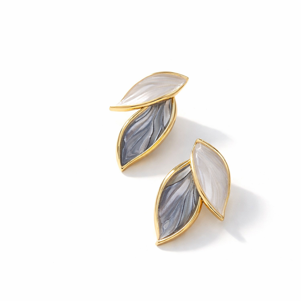 Ethereal Marble Leaf Studs – Gold-Edged Slate & Pearl Enamel Earrings